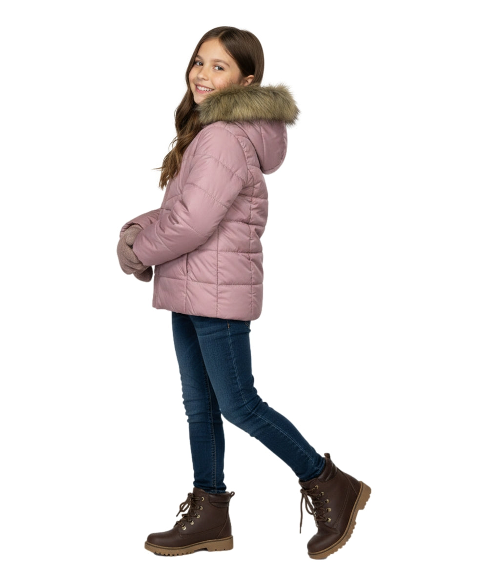 Girl's Zipper Hooded Puffer Jacket With Fur Mauve GJ2088