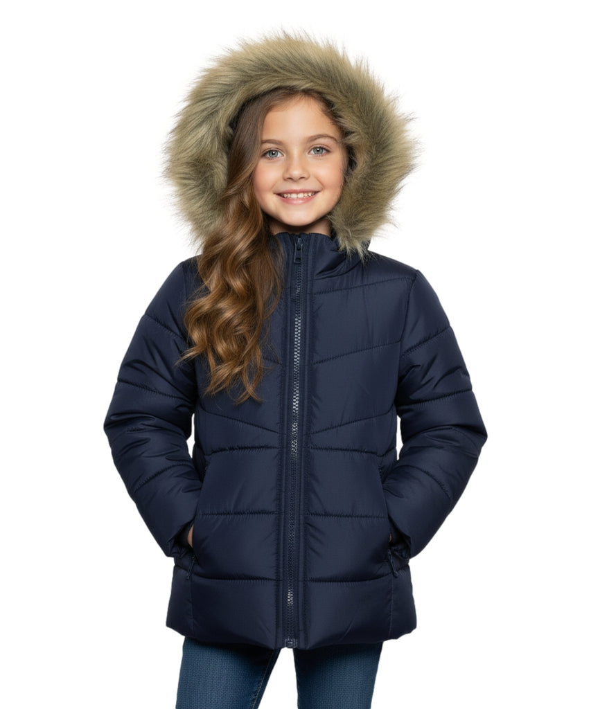 Girl's Zipper Hooded Puffer Jacket With Fur Navy GJ2088