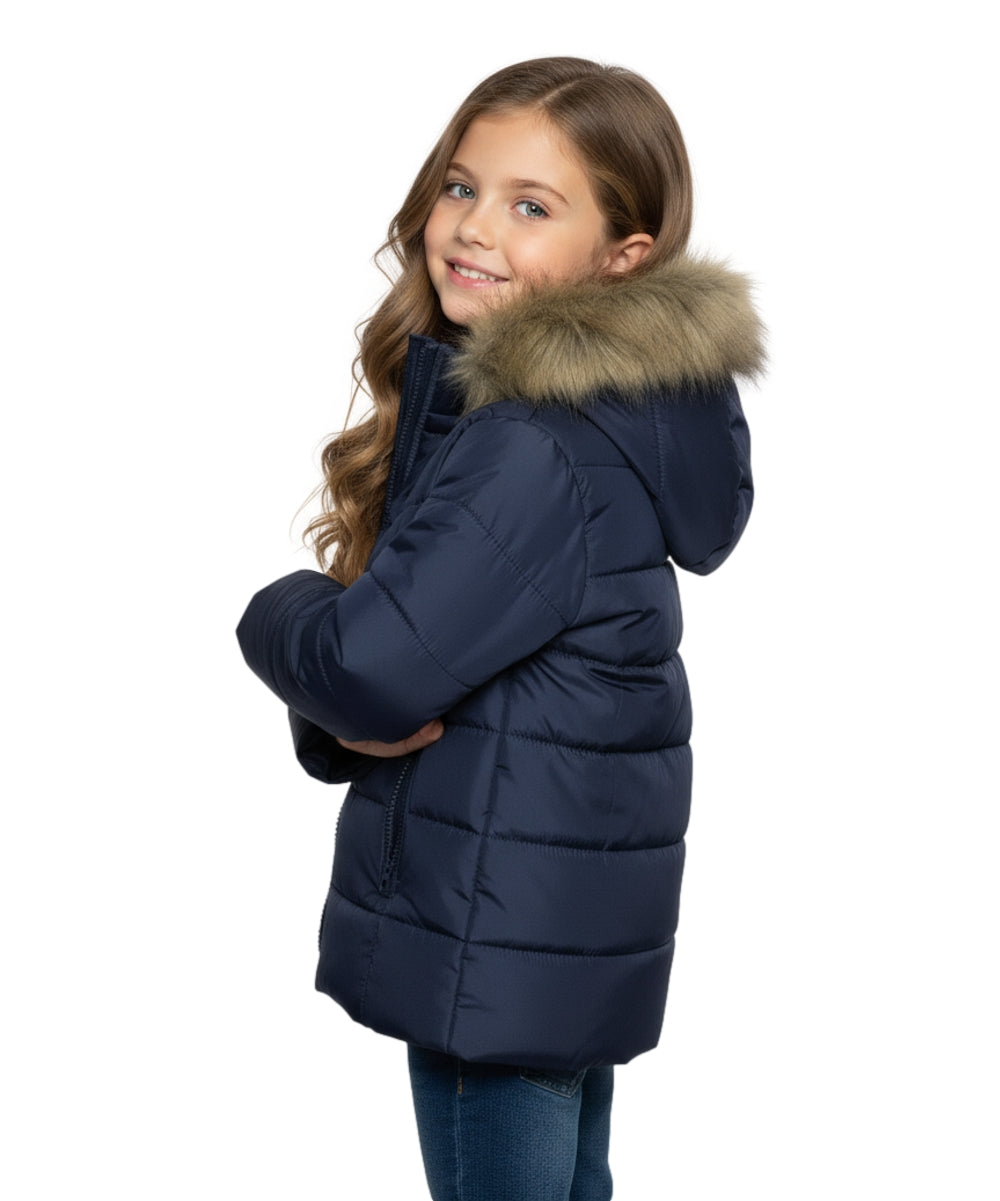 Girl's Zipper Hooded Puffer Jacket With Fur Navy GJ2088