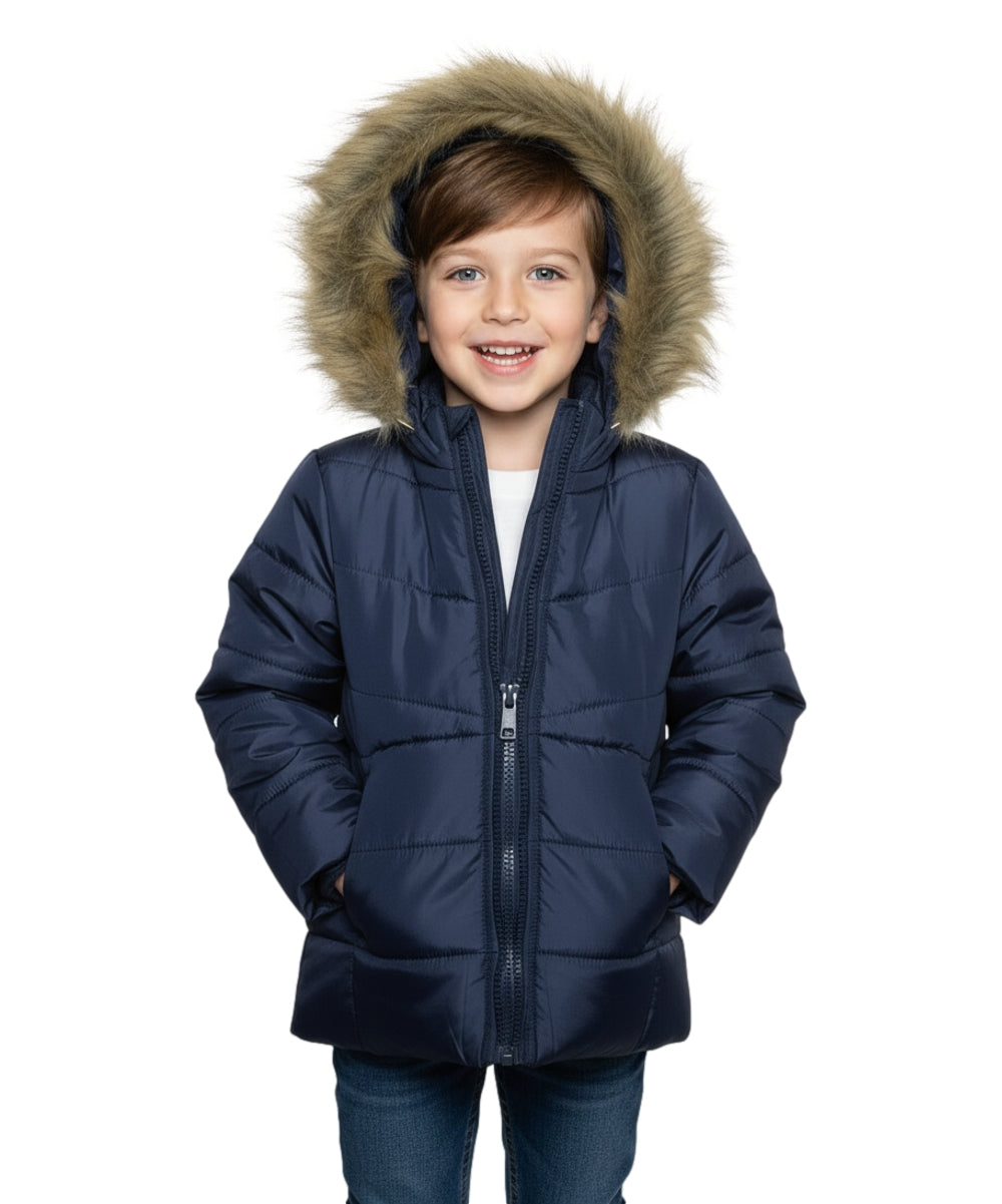 Girl's Zipper Hooded Puffer Jacket With Fur Navy GJ2088
