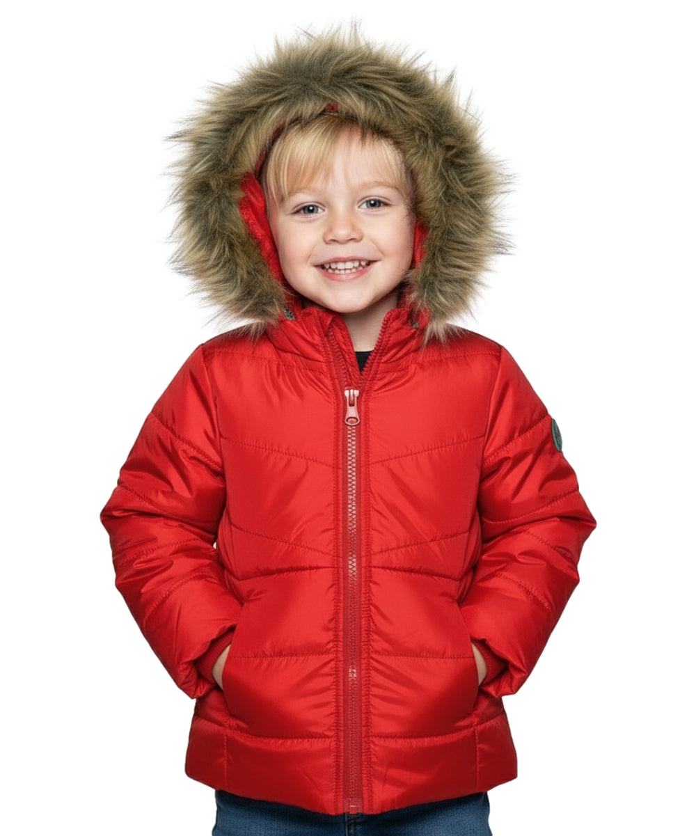 Girl's Zipper Hooded Puffer Jacket With Fur Red  GJ2088