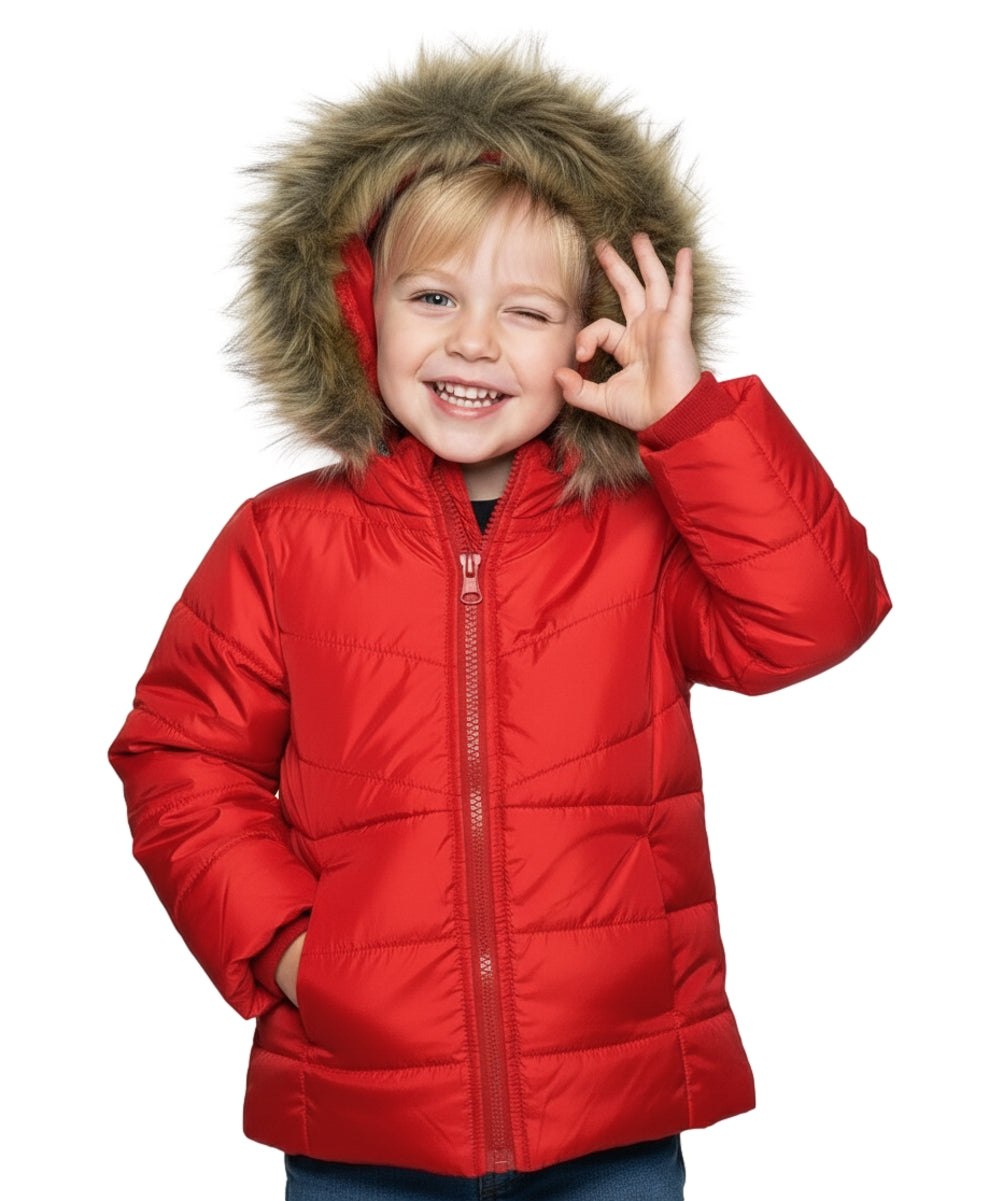 Girl's Zipper Hooded Puffer Jacket With Fur Red  GJ2088
