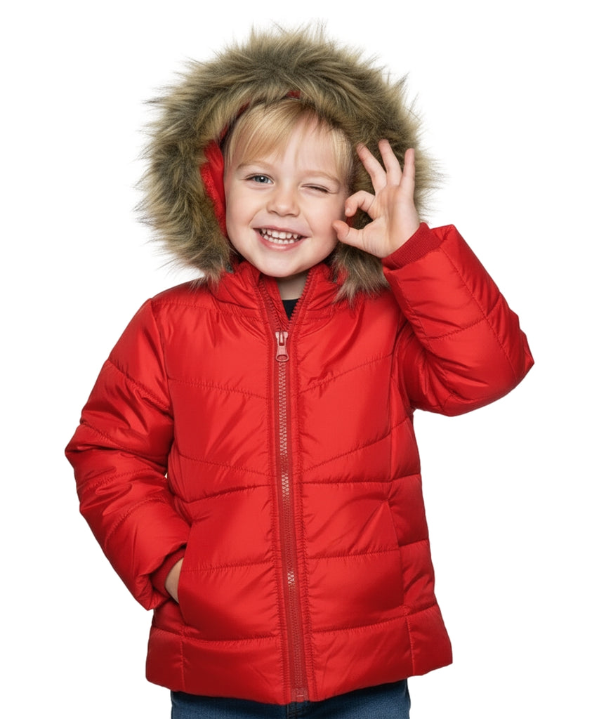 Girl's Zipper Hooded Puffer Jacket With Fur Red  GJ2088