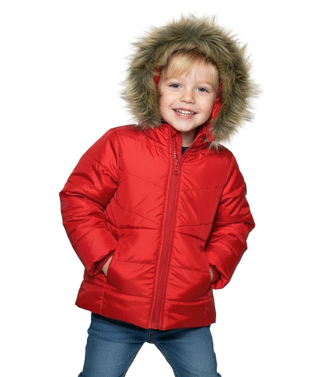 Girl's Zipper Hooded Puffer Jacket With Fur Red  GJ2088