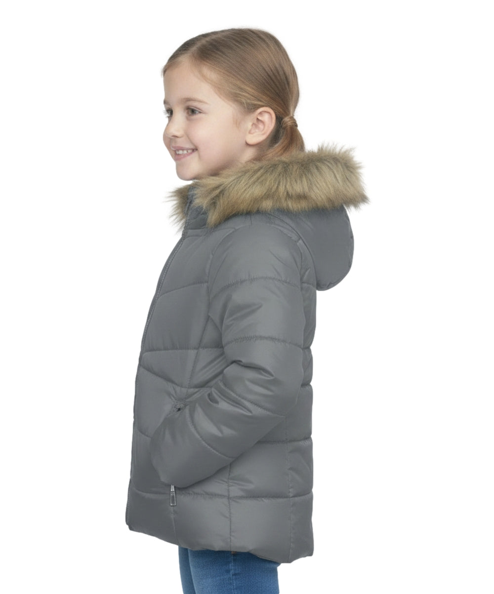 Girl's Zipper Hooded Puffer Jacket With Fur Grey GJ2088