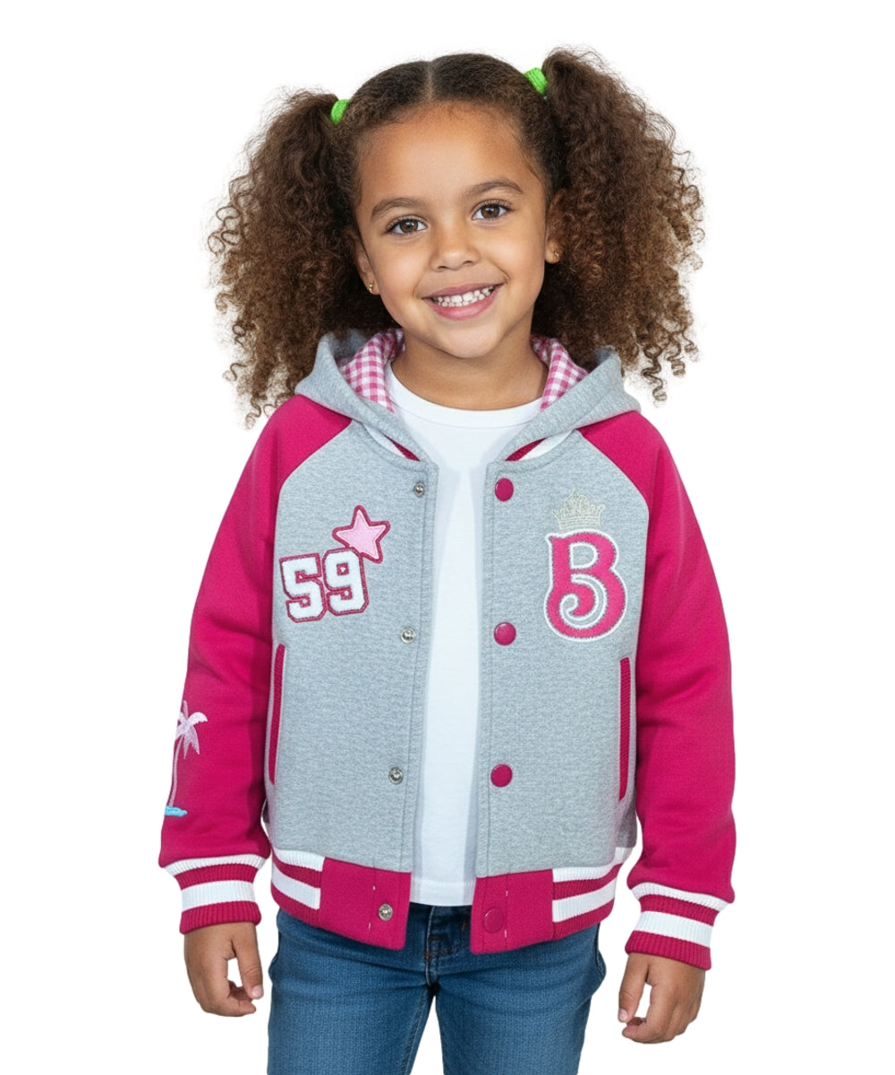 Girls Fleece Varsity Jacket With Embroidered Letter "B" GJ24118 Fuchsia