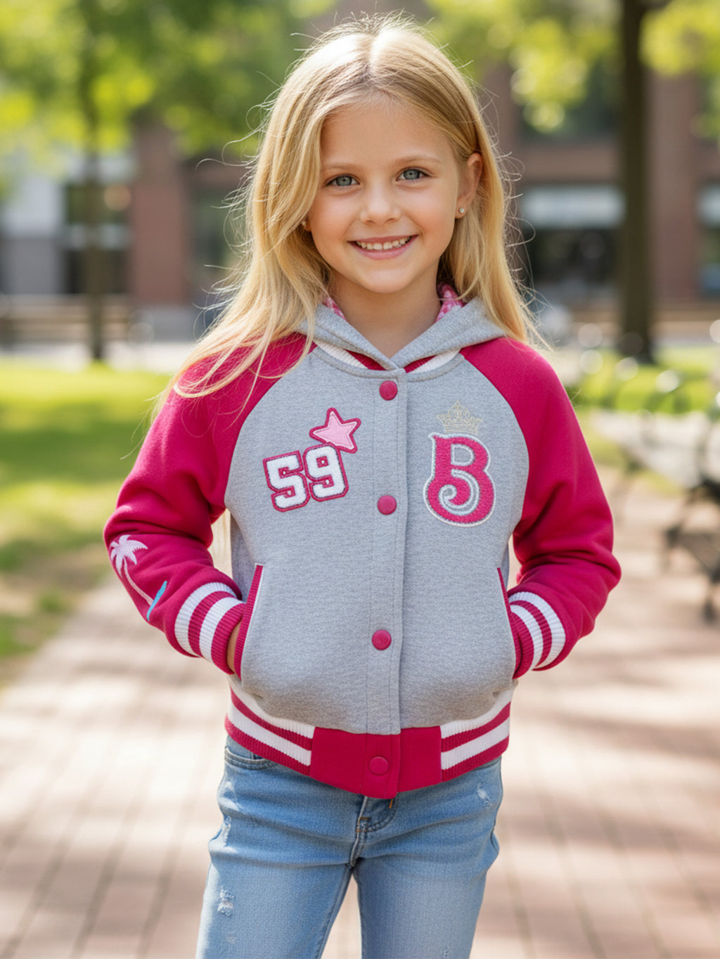 Girls Fleece Varsity Jacket With Embroidered Letter "B" GJ24118 Fuchsia