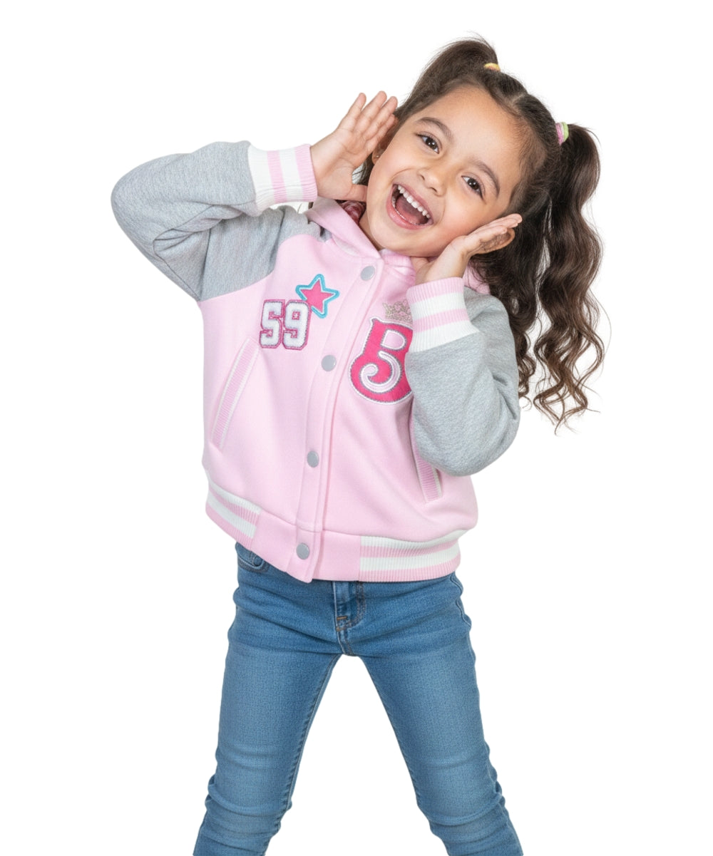 Girls Fleece Varsity Jacket With Embroidered Letter "B" GJ24118 Powder Pink