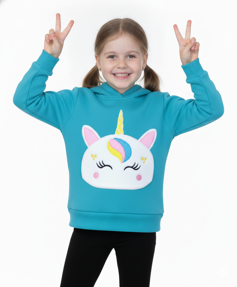 Girl Unicorn Pocket Pull Over Hoodie Teal GP401