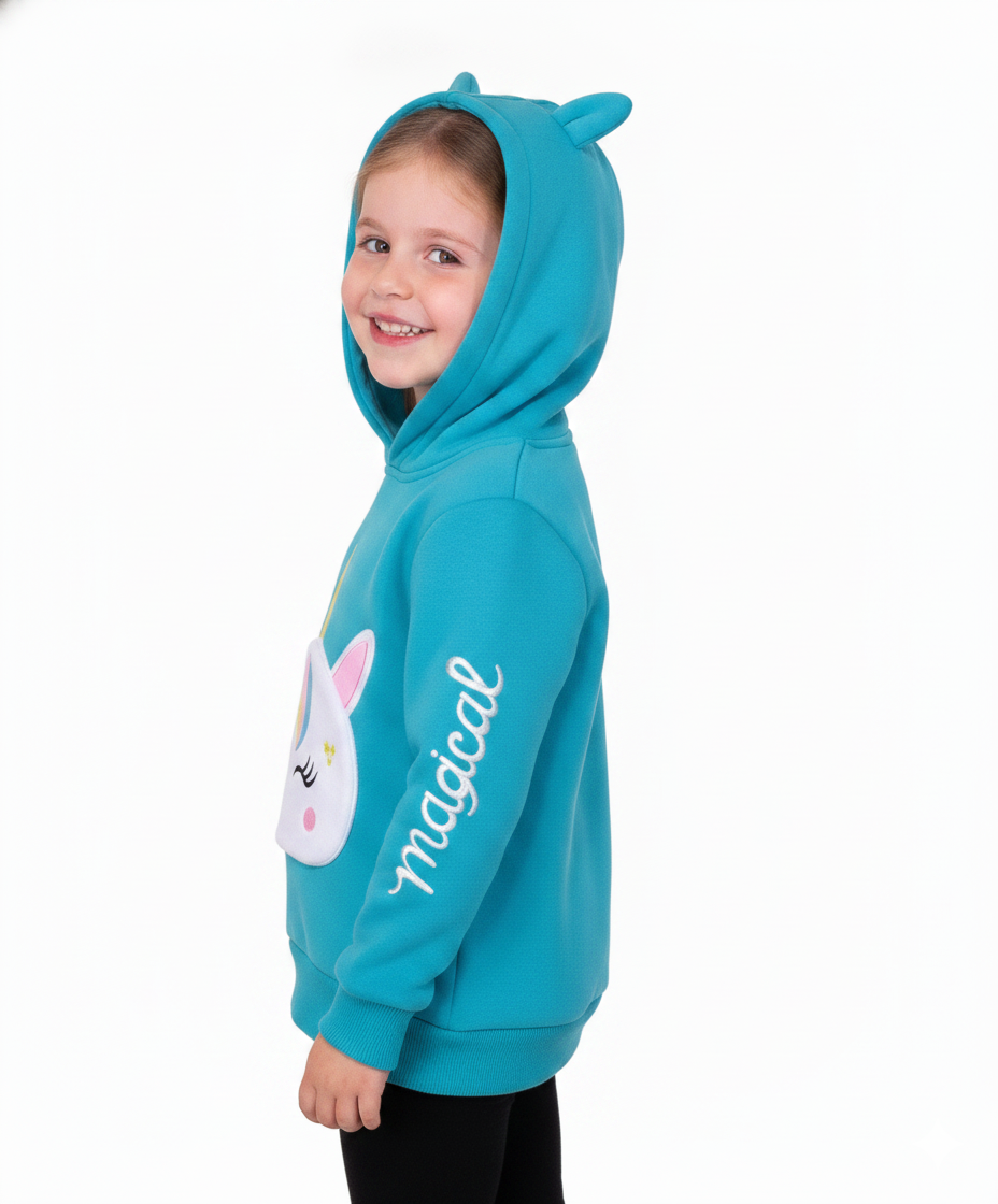 Girl Unicorn Pocket Pull Over Hoodie Teal GP401