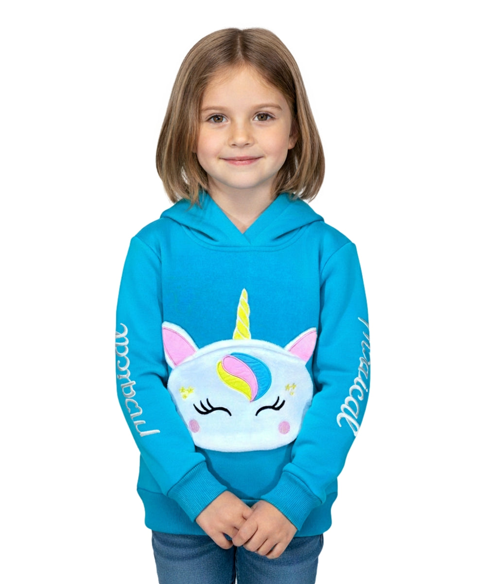 Girl Unicorn Pocket Pull Over Hoodie Teal GP401