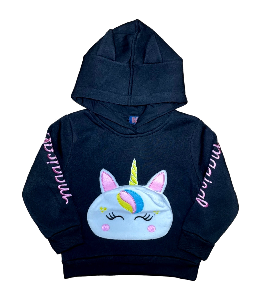 Girl Unicorn Pocket Pull Over Hoodie Black  GP401