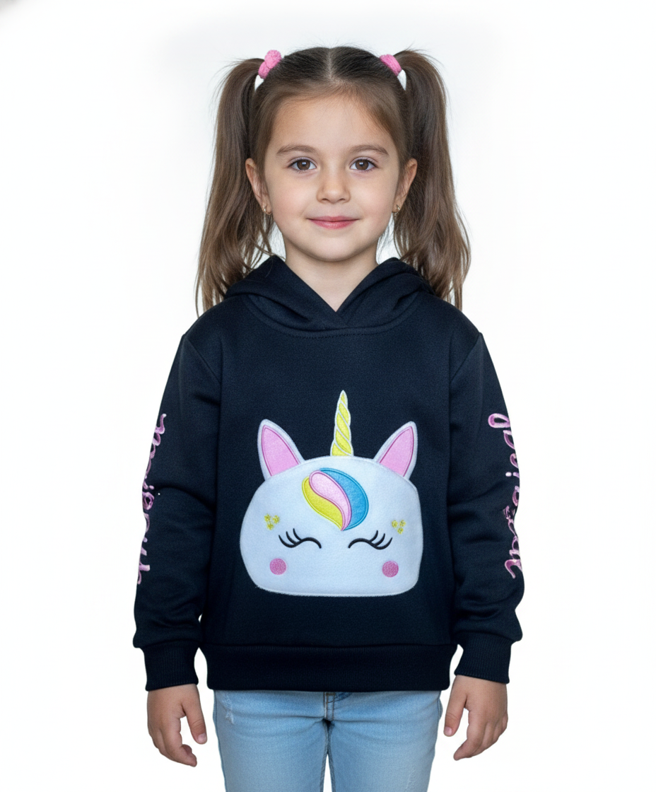 Girl Unicorn Pocket Pull Over Hoodie Black  GP401