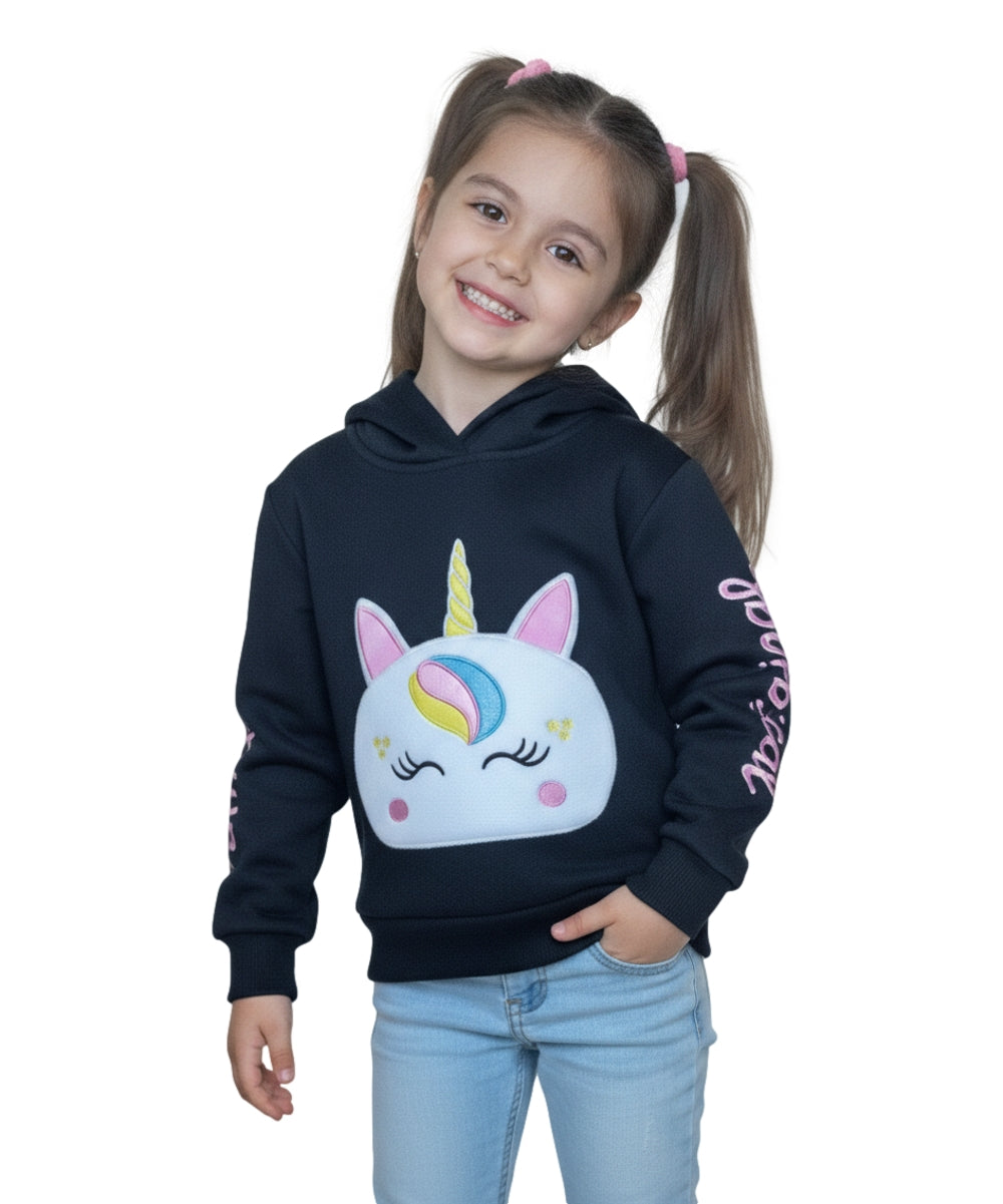 Girl Unicorn Pocket Pull Over Hoodie Black  GP401