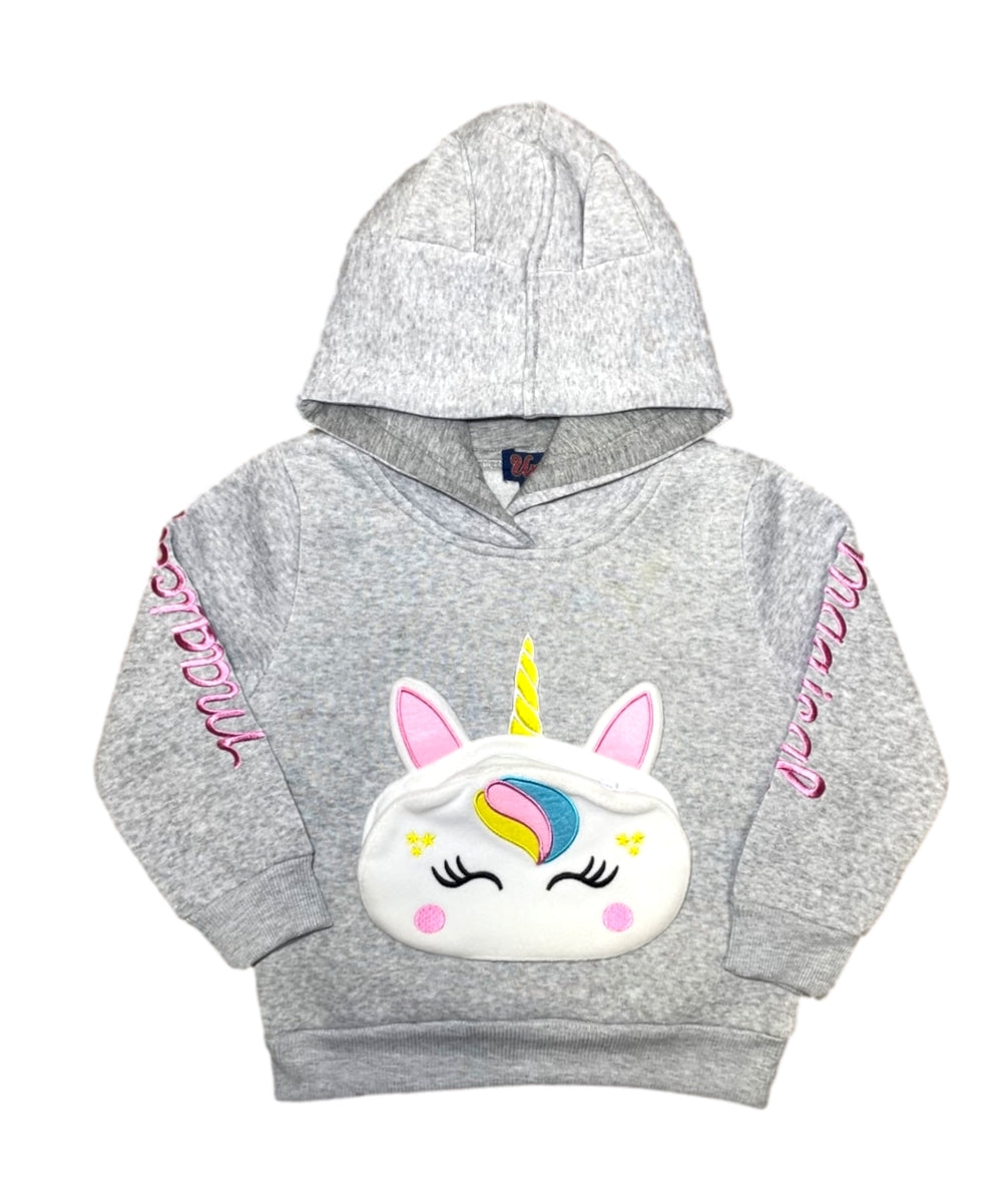 Girl Unicorn Pocket Pull Over Hoodie L Grey GP401