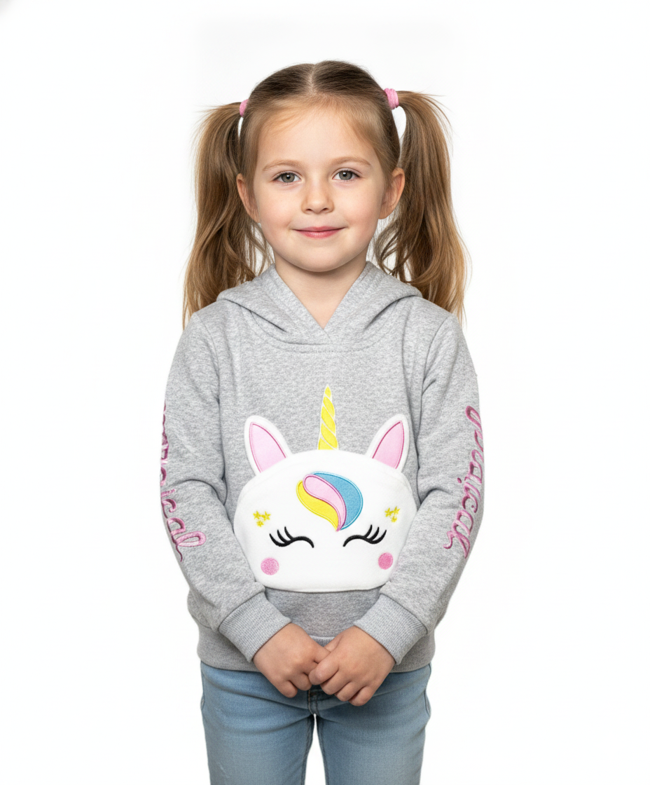 Girl Unicorn Pocket Pull Over Hoodie L Grey GP401
