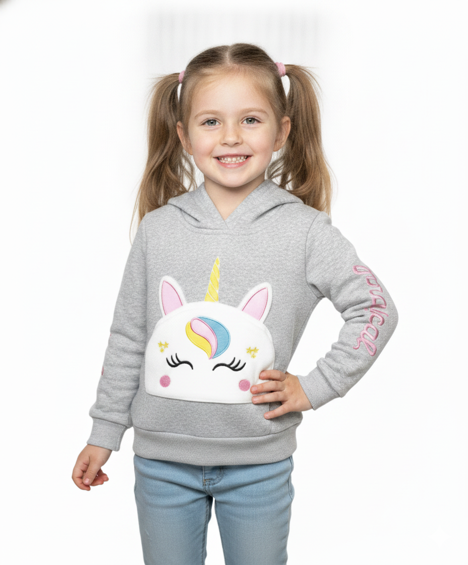 Girl Unicorn Pocket Pull Over Hoodie L Grey GP401