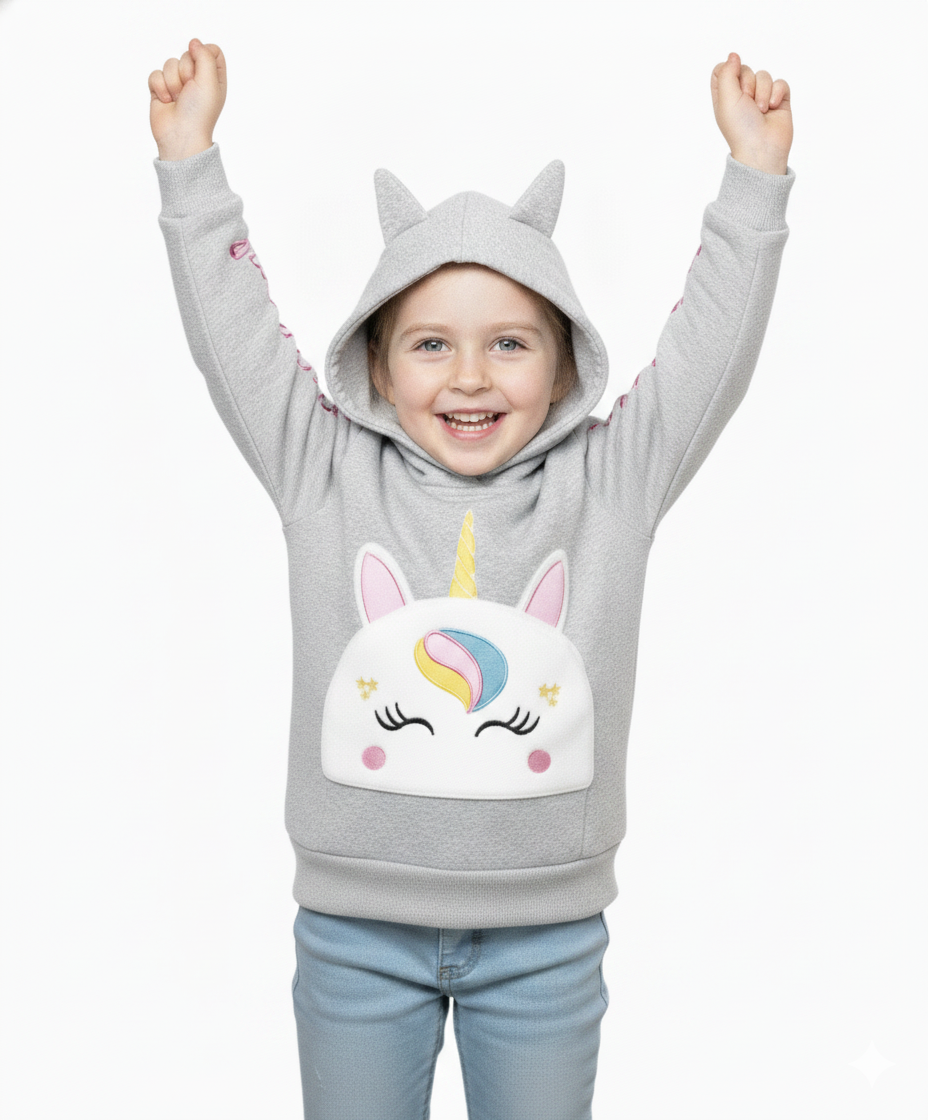 Girl Unicorn Pocket Pull Over Hoodie L Grey GP401