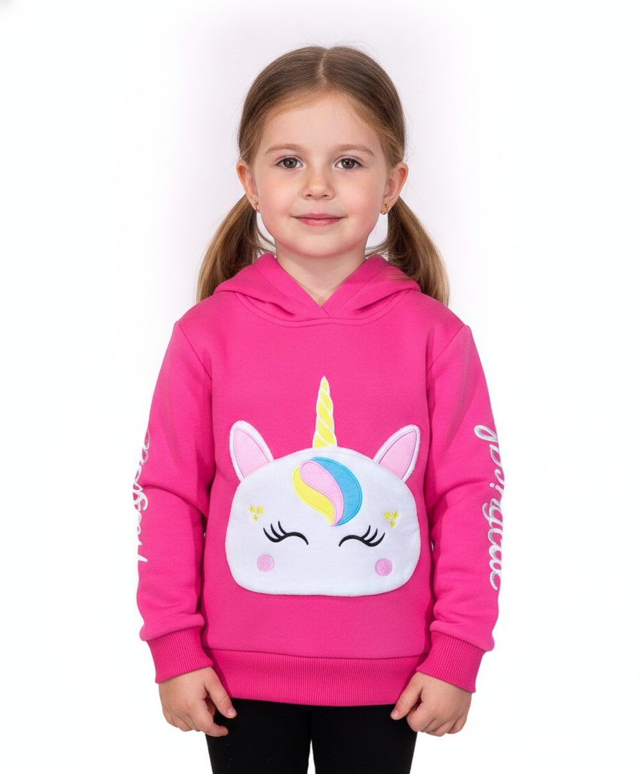 Girl Unicorn Pocket Pull Over Hoodie Pink GP401