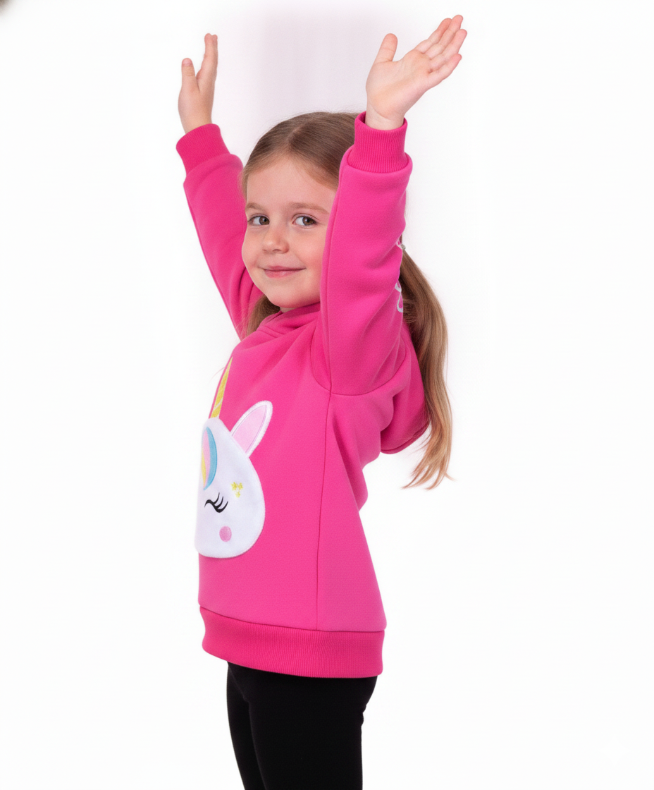 Girl Unicorn Pocket Pull Over Hoodie Pink GP401