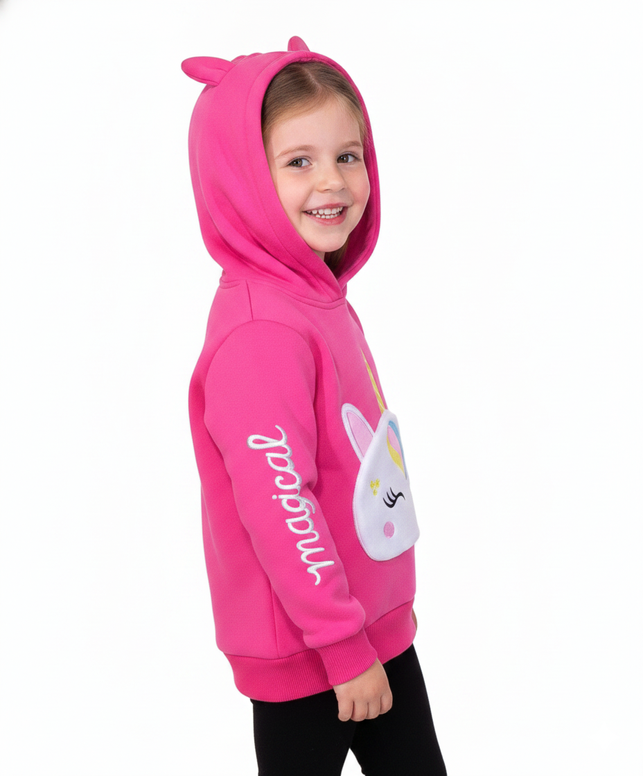 Girl Unicorn Pocket Pull Over Hoodie Pink GP401