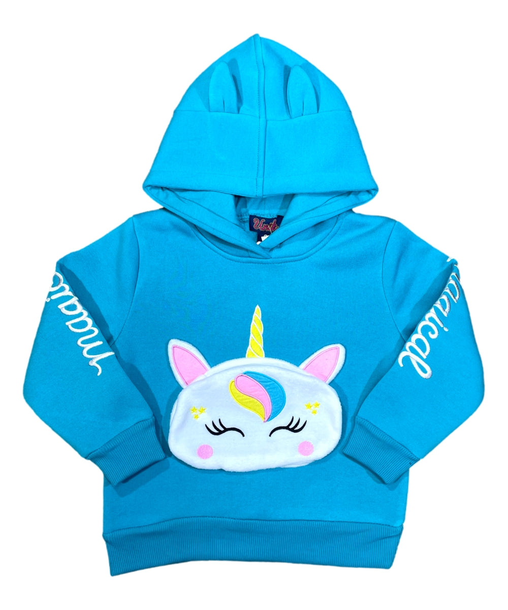 Girl Unicorn Pocket Pull Over Hoodie Black  GP401
