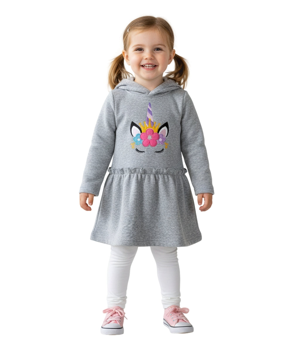 Girl Embroidery Unicorn Fleece Dress L Grey GWD2270