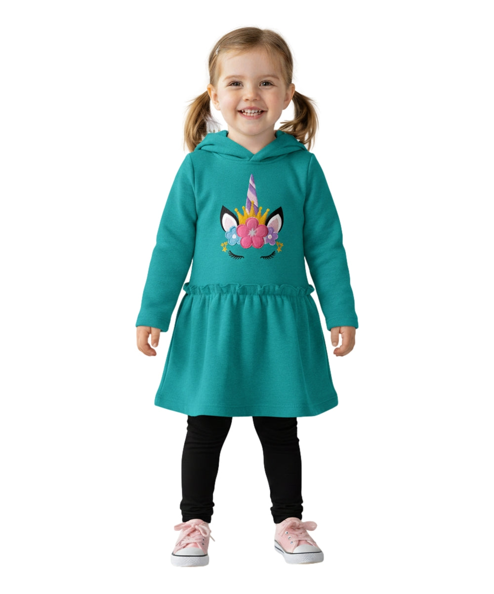 Girl Embroidery Unicorn Fleece Dress Teal GWD2270