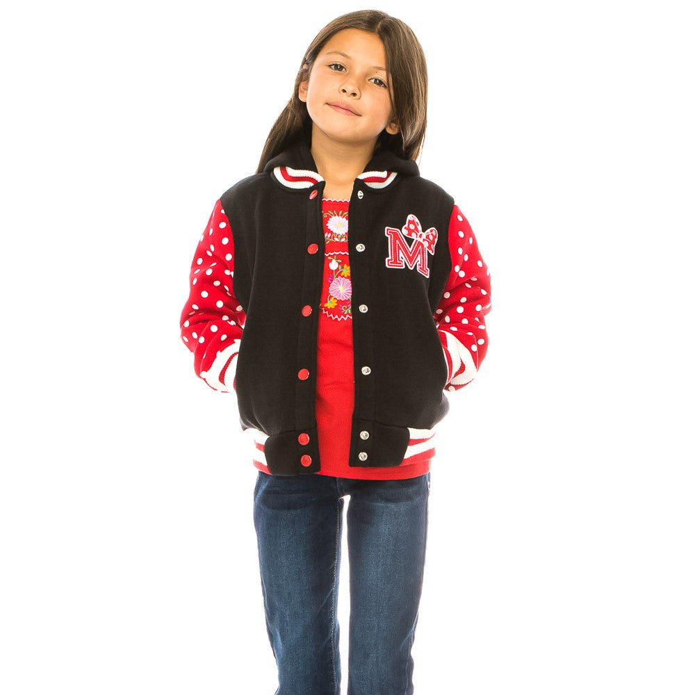 Girl Varsity Jacket With Polka Dots Printed Sleeves Red GJ16117