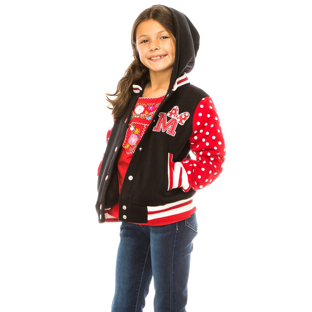 Girl Varsity Jacket With Polka Dots Printed Sleeves Red GJ16117