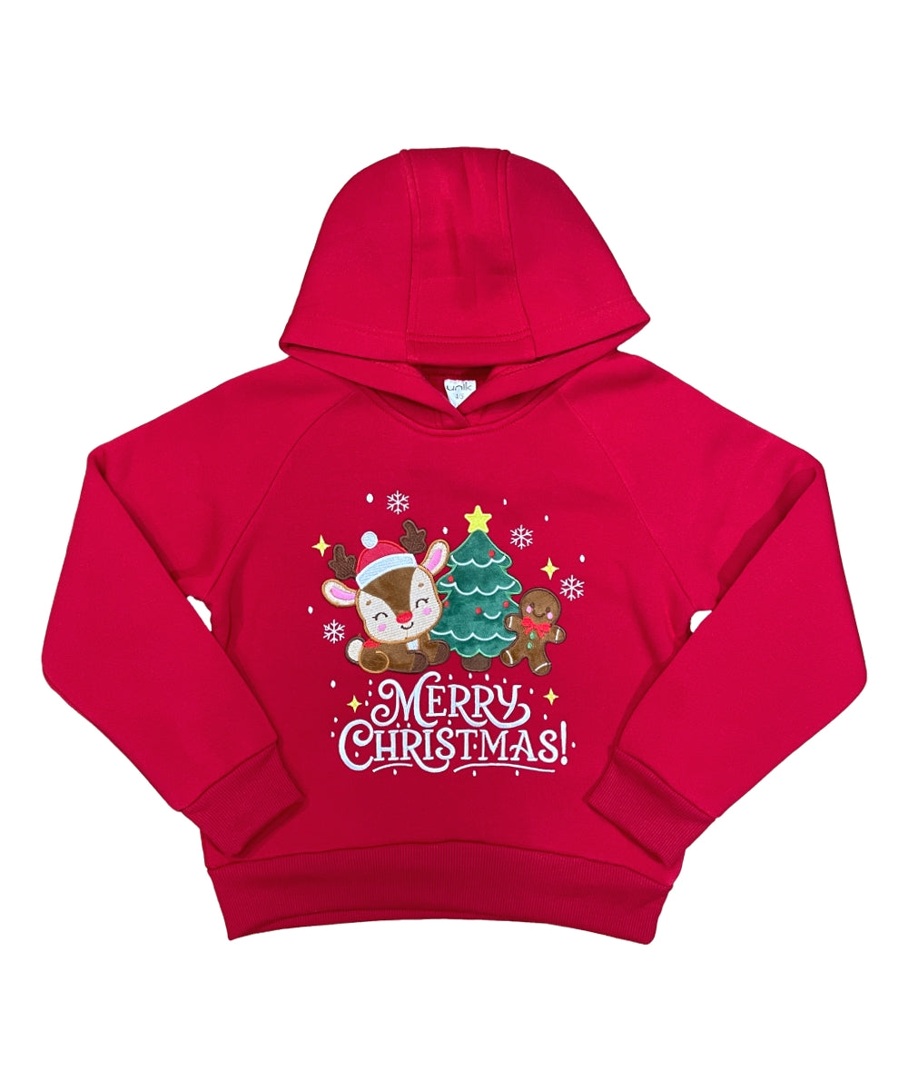 Girls' Embroidered Christmas Holiday Graphic Fleece Pullover Hoodie KP105