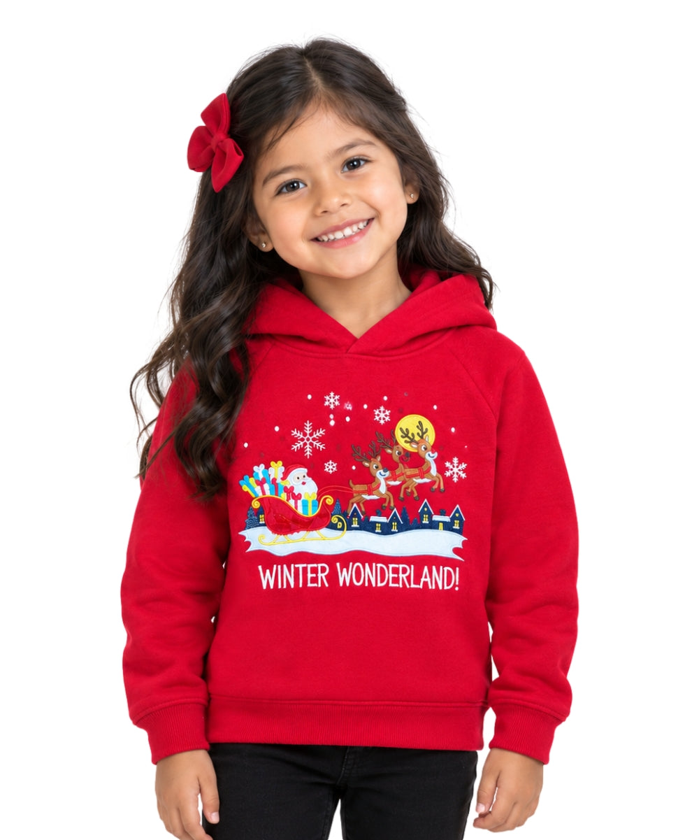 Girls' Embroidered Christmas Holiday Graphic Fleece Pullover Hoodie KP105
