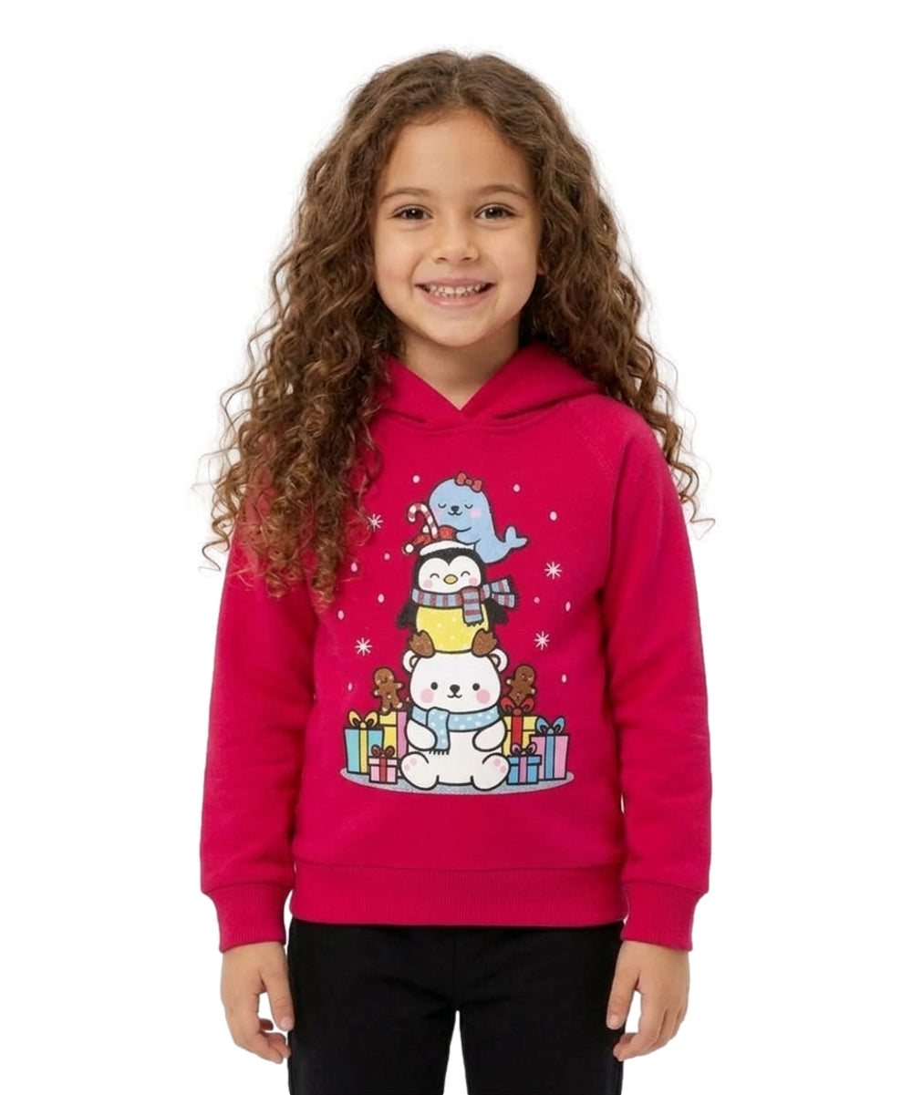 Girls' Embroidered Christmas Holiday Graphic Fleece Pullover Hoodie KP105
