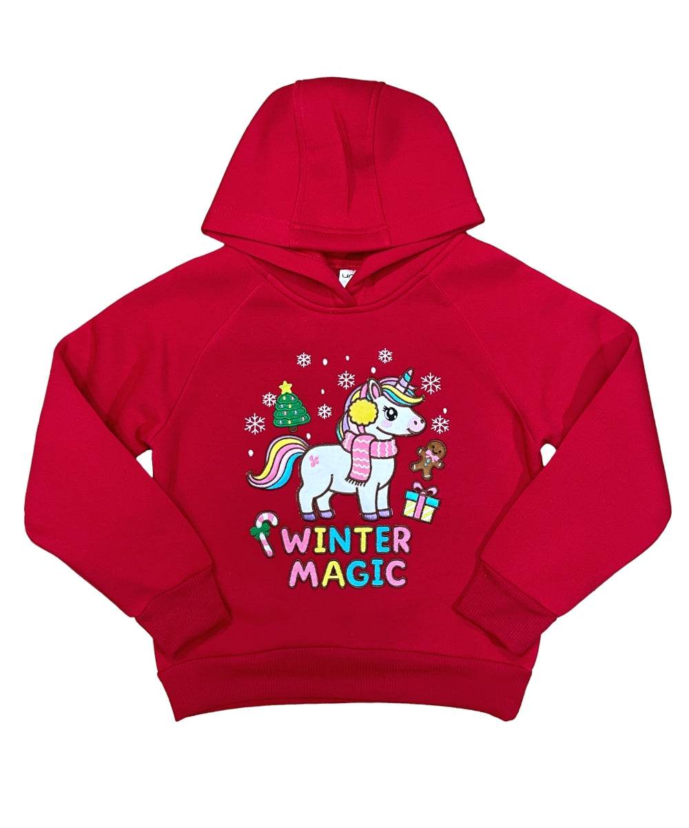 Girls' Embroidered Christmas Holiday Graphic Fleece Pullover Hoodie KP105