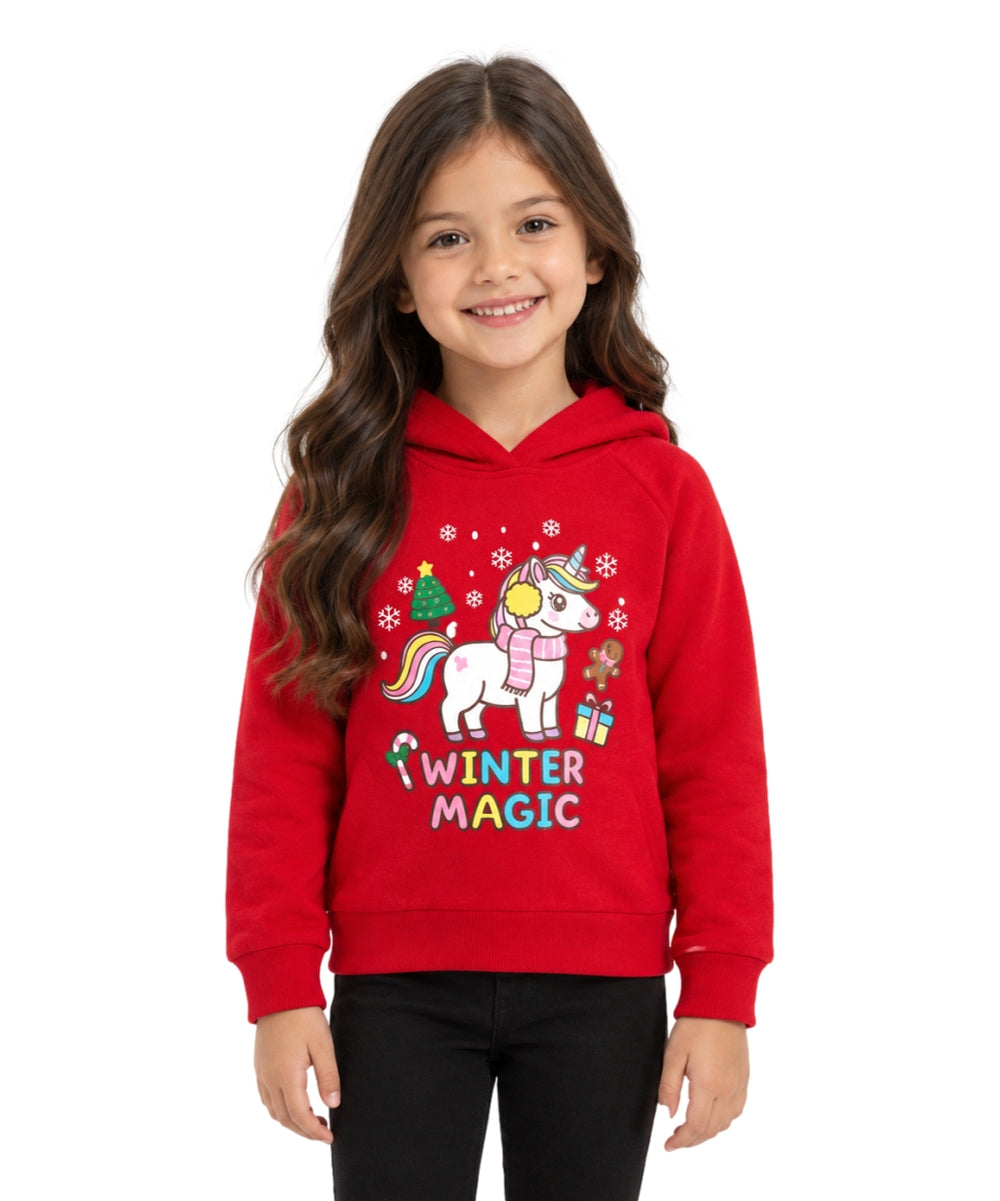 Girls' Embroidered Christmas Holiday Graphic Fleece Pullover Hoodie KP105