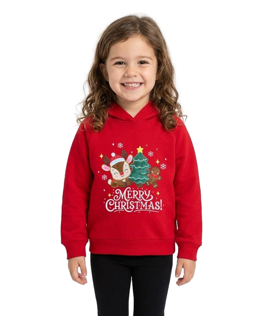 Girls' Embroidered Christmas Holiday Graphic Fleece Pullover Hoodie KP105