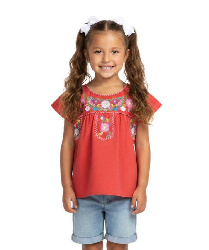 Traditional Puebla Mexican Youth Girl Embroidered Blouse White MT800