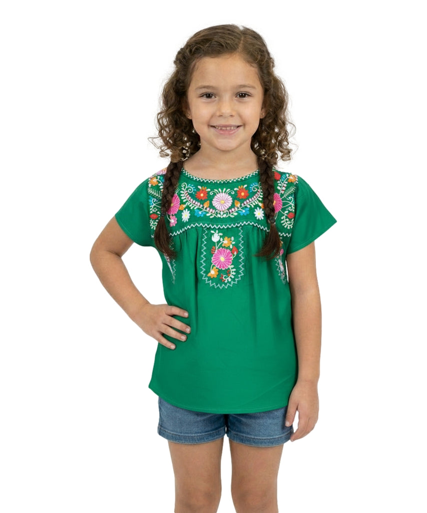 Traditional Puebla Mexican Youth Girl Embroidered Blouse Green MT800