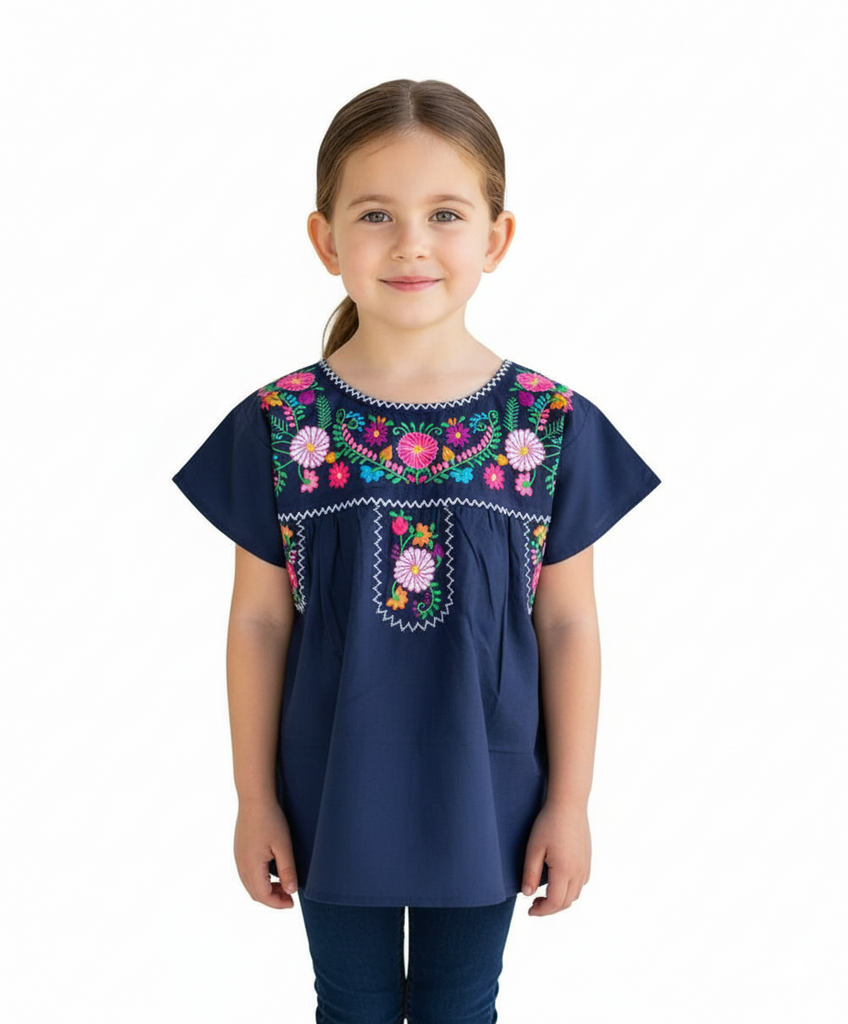 Traditional Puebla Mexican Youth Girl Embroidered Blouse Navy MT800