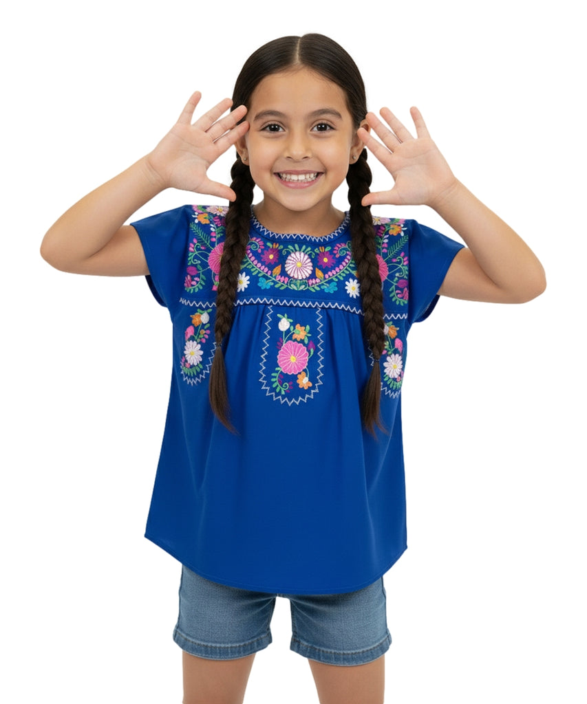 Traditional Puebla Mexican Youth Girl Embroidered Blouse Royal Blue MT800