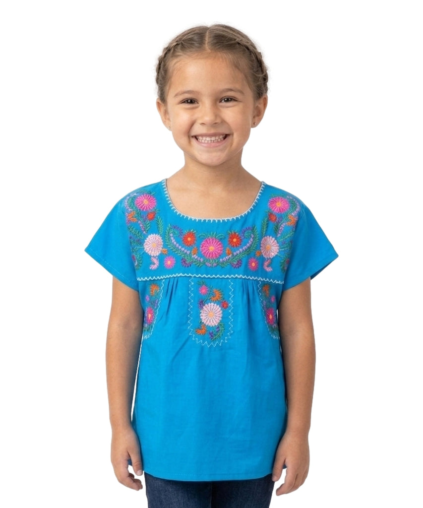 Traditional Puebla Mexican Youth Girl Embroidered Blouse Turquoise MT800