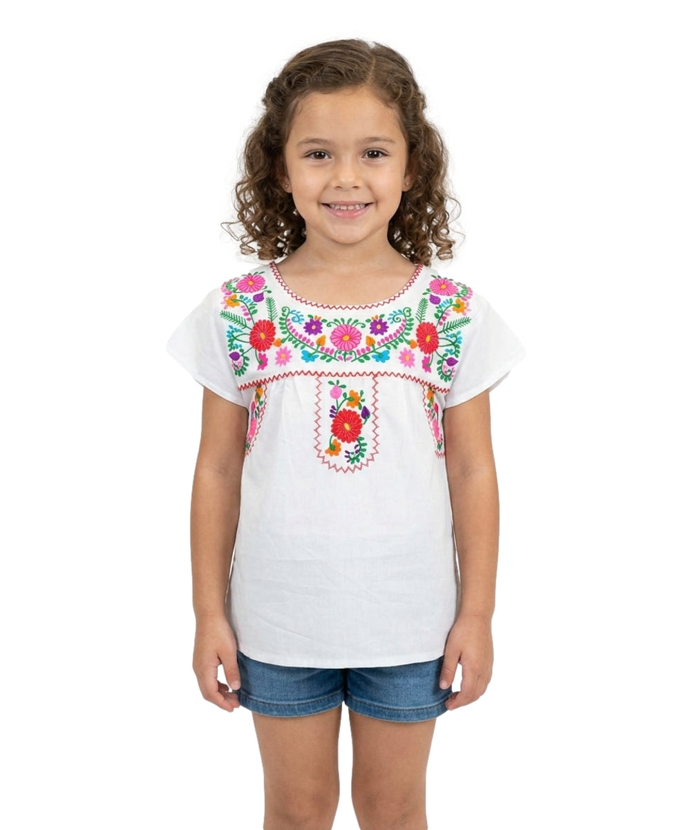 Traditional Puebla Mexican Youth Girl Embroidered Blouse White MT800