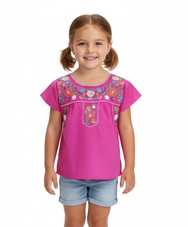 Traditional Puebla Mexican Youth Girl Embroidered Blouse Pink MT800