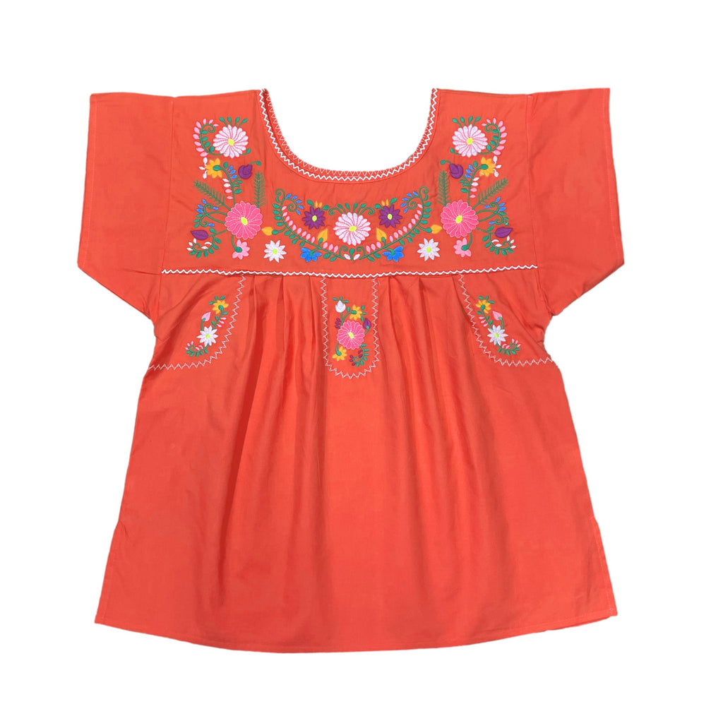 Women Traditional Puebla Mexican Embroidered Blouse Coral MT801
