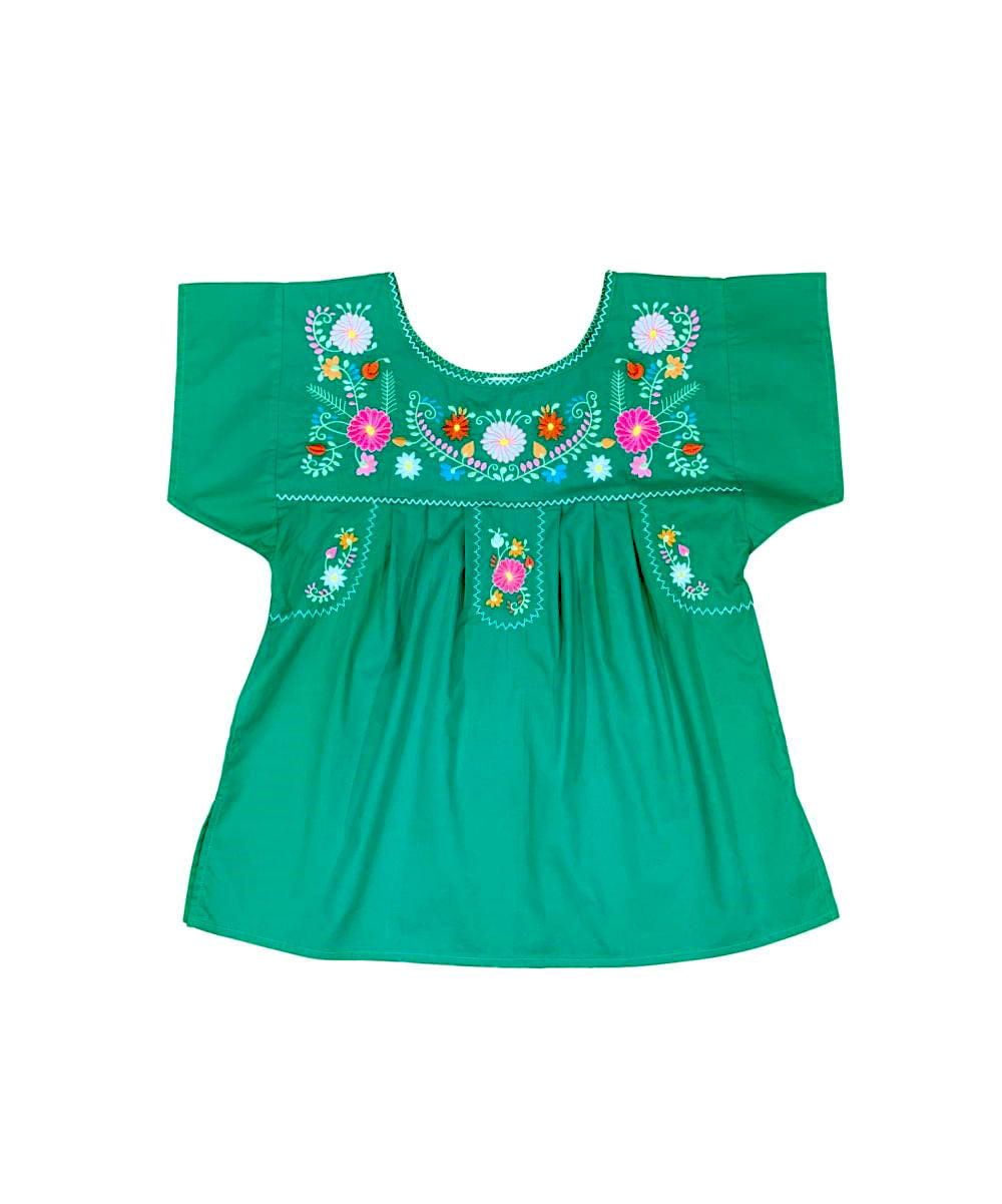 Women Traditional Puebla Mexican Embroidered Blouse Turquoise MT801