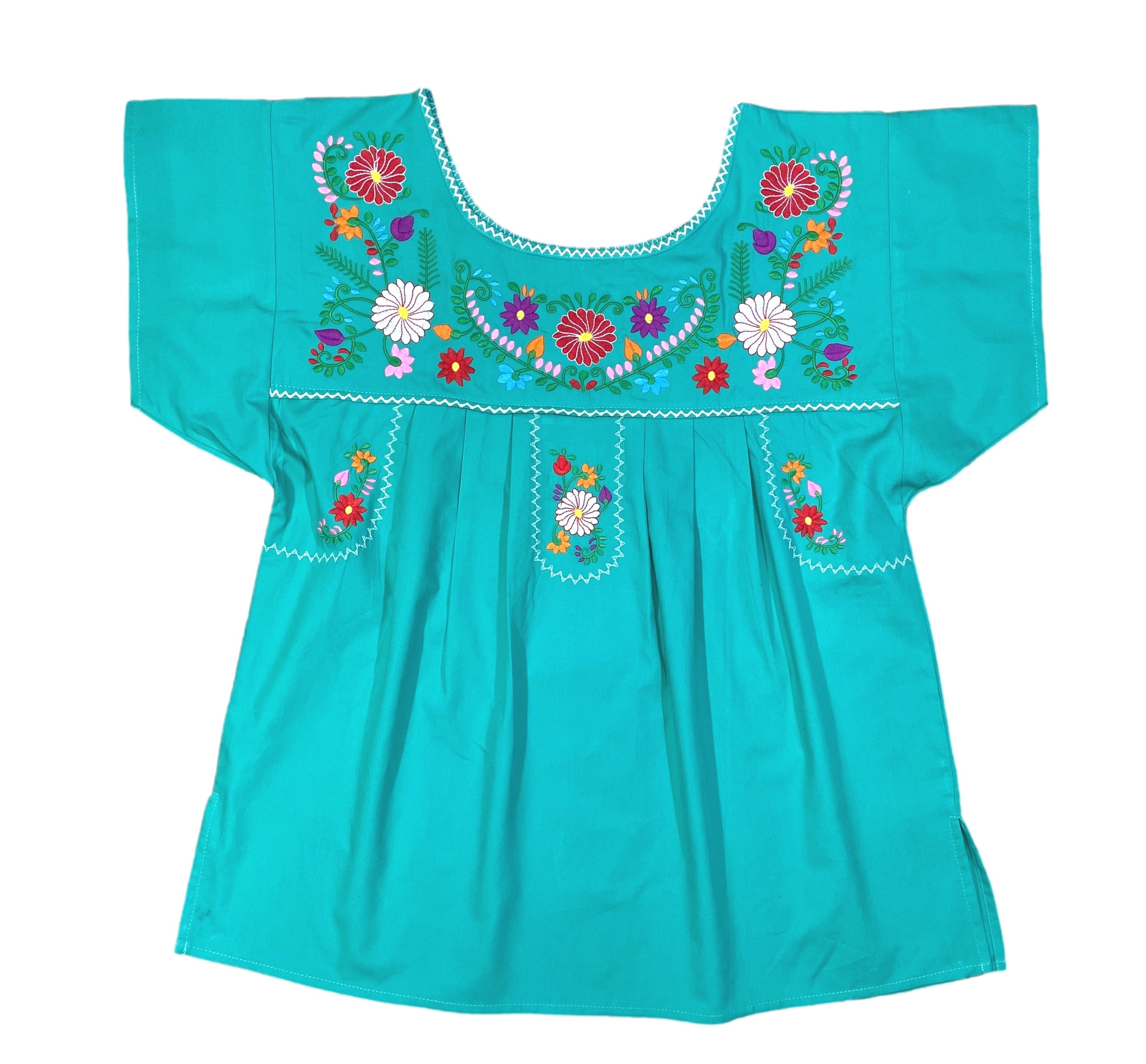 Women Traditional Puebla Mexican Embroidered Blouse Turquoise MT801