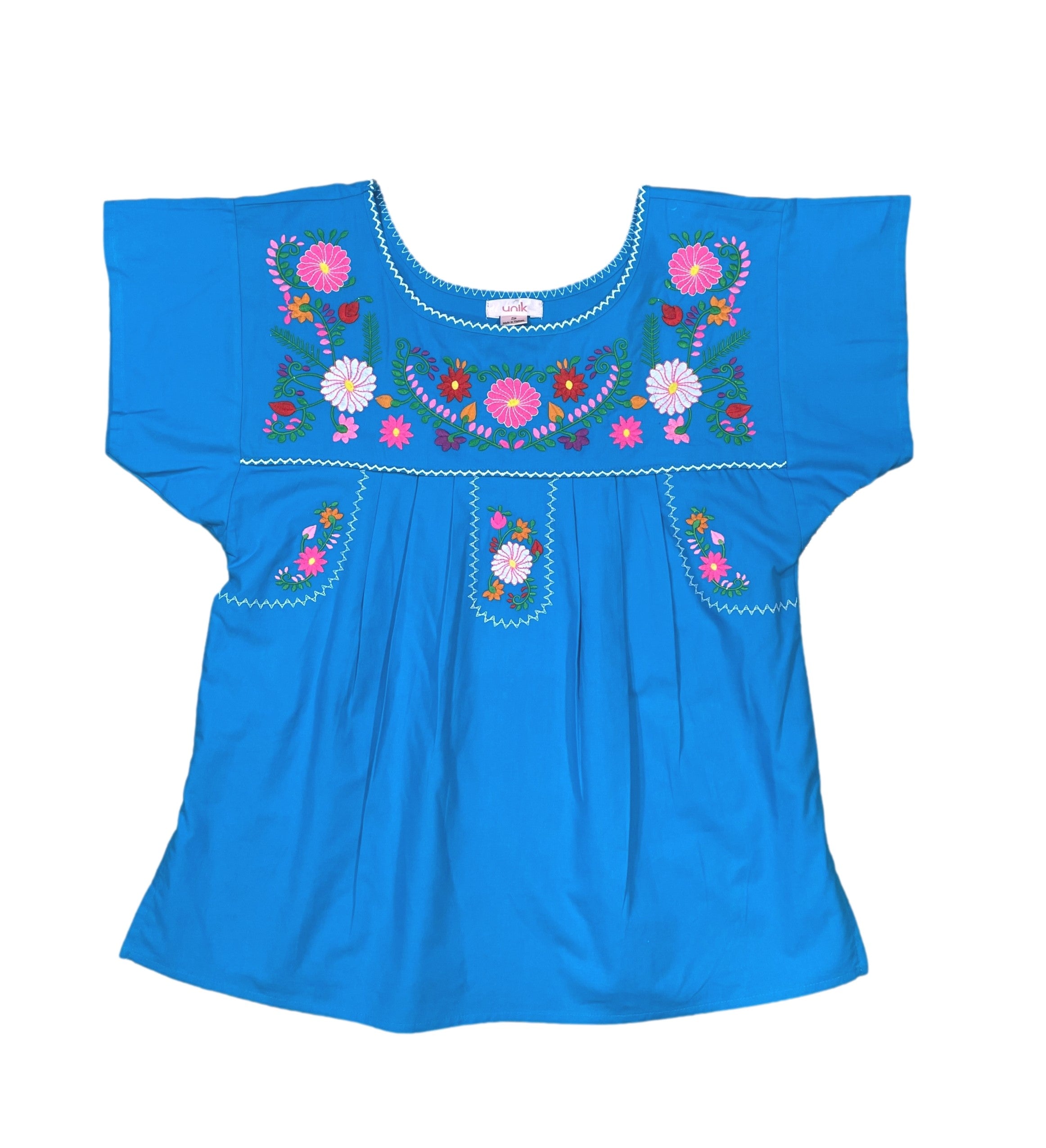 Women Traditional Puebla Mexican Embroidered Blouse Turquoise MT801