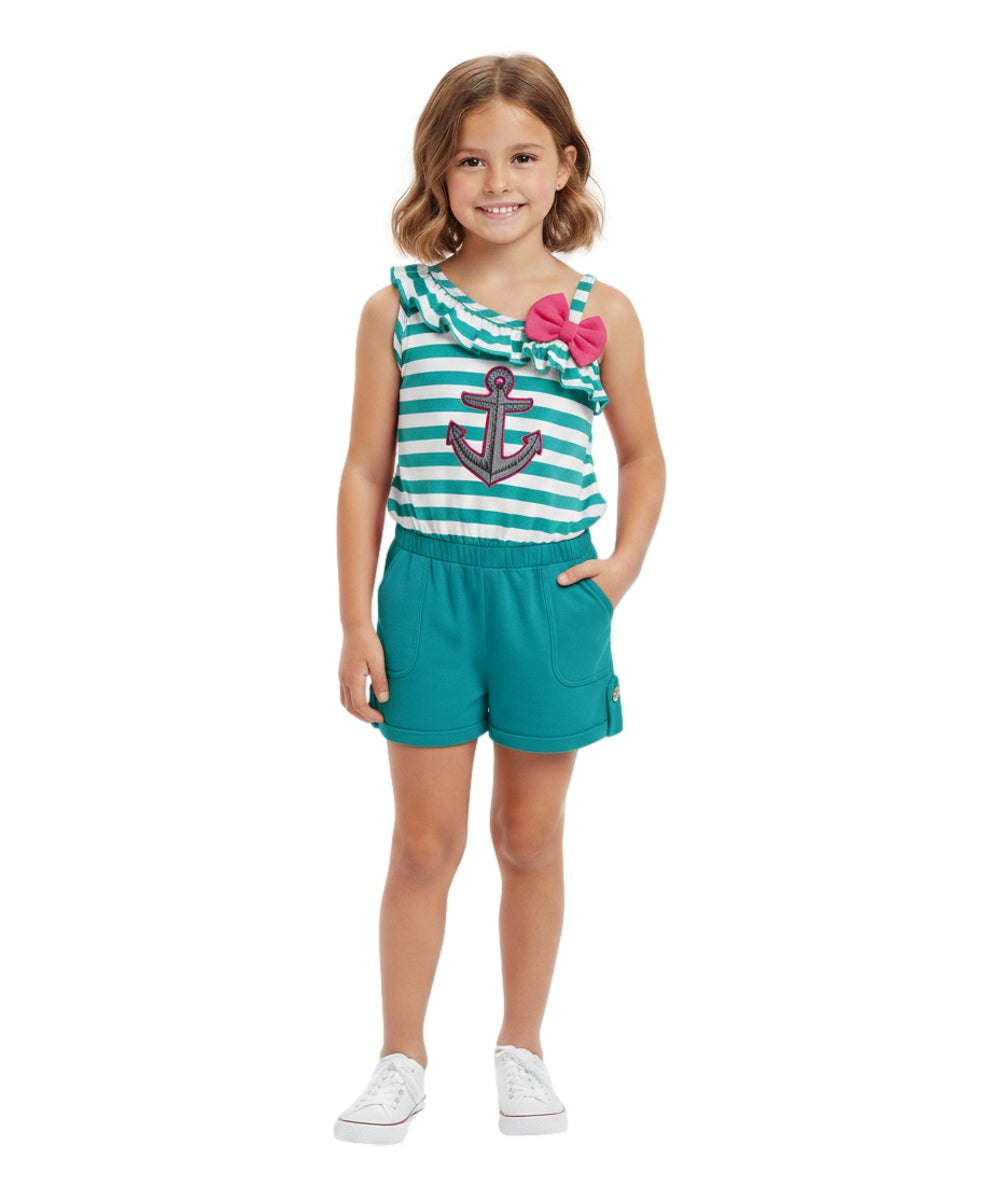 Stripe Anchor Asymmetrical Romper Teal  RP19118