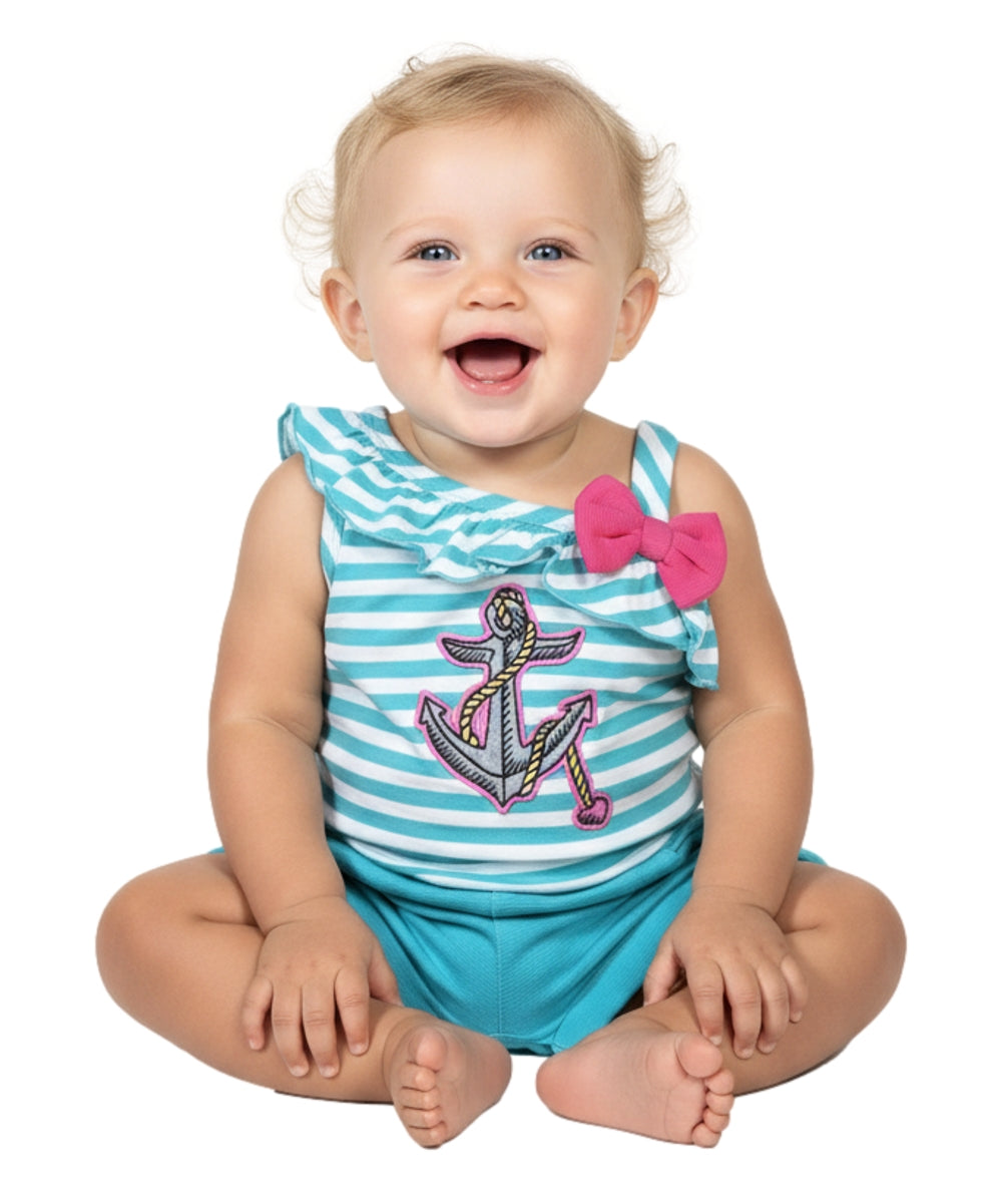 Stripe Anchor Asymmetrical Romper Teal  RP19118