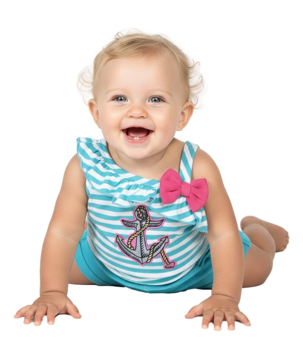 Stripe Anchor Asymmetrical Romper Teal  RP19118